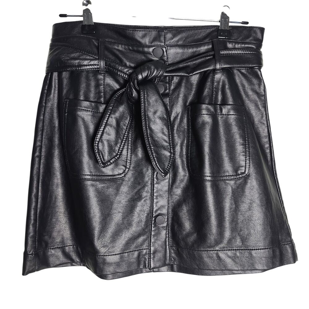 TGLA Black Faux Leather Mini Skirt with Tie Belt Size Medium